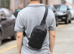Badass Black Leather Men's 8-inch Trendy Sling Bag Chest Bag One shoulder Backpack Sports Bag For Men - imessengerbags