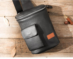 Badass Black Leather Men's Barrel Sling Bag Chest Bag Black Sling Pack One shoulder Backpack Waist Bag For Men