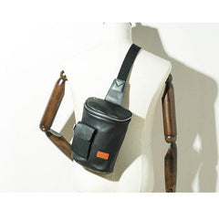Badass Black Leather Men's Barrel Sling Bag Chest Bag Black Sling Pack One shoulder Backpack Waist Bag For Men - imessengerbags