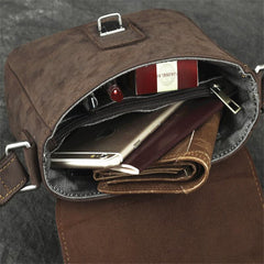 Badass Dark Brown Leather Men's 8 inches Small Side Bag Vertical Postman Messenger Bag For Men - imessengerbags