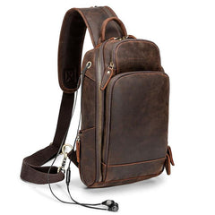 Badass Dark Brown Leather Men's Sling Bag Chest Bag Vintage One shoulder Backpack For Men - imessengerbags