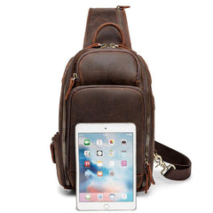 Badass Dark Brown Leather Men's Sling Bag Chest Bag Vintage One shoulder Backpack For Men - imessengerbags
