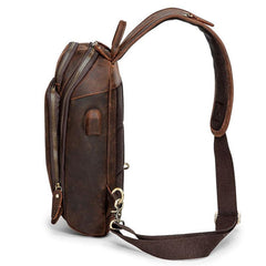 Badass Dark Brown Leather Men's Sling Bag Chest Bag Vintage One shoulder Backpack For Men - imessengerbags