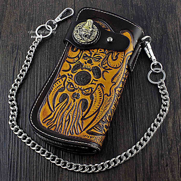 Badass Skull Leather Men's Long Wallet with Chain Biker Wallet Chain Wallet For Men - imessengerbags
