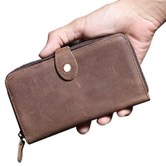 Vintage Brown Leather Men's Bifold Long Wallet Cool Zipper Long Wallet Clutch For Men - imessengerbags