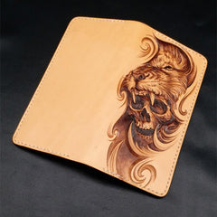Beige Handmade Tooled Lion Skull Leather Mens Long Wallet Bifold Clutch For Men - imessengerbags