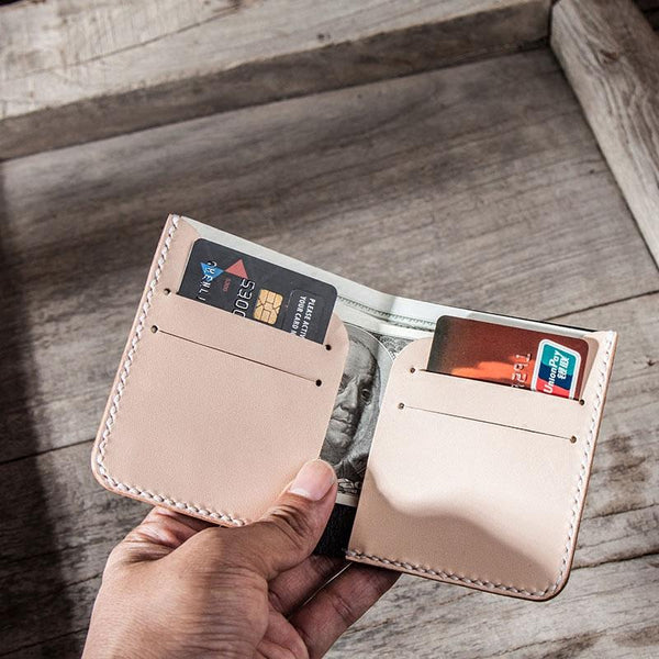 Beige Leather Men Slim Small Wallet Bifold Small Wallet for Men
