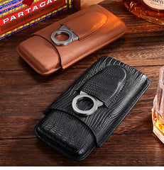 Best Black Leather Mens 3pcs Cigar Case With Cutter Top Leather Cigar Case for Men