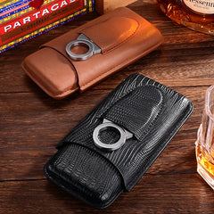 Best Black Leather Mens 3pcs Cigar Case With Cutter Top Leather Cigar Case for Men