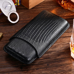 Best Black Leather Mens 3pcs Cigar Case With Cutter Top Leather Cigar Case for Men