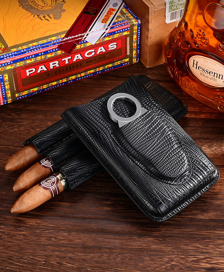 Best Leather Mens 3pcs Cigar Case With Cutter Top Leather Cigar Case for Men