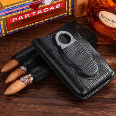 Best Black Leather Mens 3pcs Cigar Case With Cutter Top Leather Cigar Case for Men