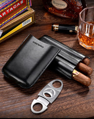 Best Brown Leather Mens 3pcs Cigar Case With Cutter Cool Leather Cigar Cases for Men