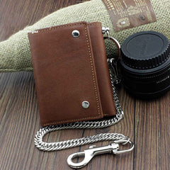 Badass Brown Leather Men's Trifold Small Biker Wallet Chain Wallet Wallet with chain For Men - imessengerbags