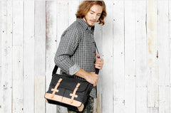 Black Canvas Leather Mens Side Bag Messenger Bags Navy Blue Canvas Courier Bags for Men