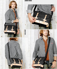 Black Canvas Leather Mens Side Bag Messenger Bags Navy Blue Canvas Courier Bags for Men - imessengerbags