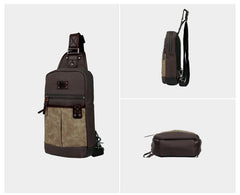 Black Canvas Leather Sling Backpack Men's Sling Bag Chest Bag Dark Coffee Canvas One shoulder Backpack For Men
