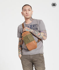 Black Canvas Leather Sling Backpack Men's Sling Bag Chest Bag Canvas One shoulder Backpack For Men