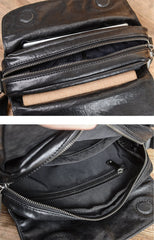 Casual Black Leather Mens 10 inches Side Bag Small Messenger Bag Black Postman Bag For Men