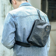 Casual Black Leather Mens 10 inches Side Bag Small Messenger Bag Black Postman Bag For Men