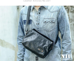 Casual Black Leather Mens 10 inches Side Bag Small Messenger Bag Black Postman Bag For Men