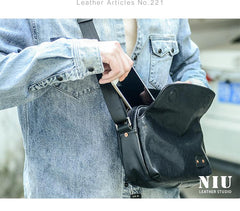 Casual Black Leather Mens 10 inches Side Bag Small Messenger Bag Black Postman Bag For Men