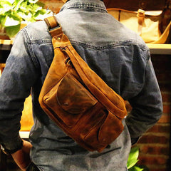 Brown Large Sling Bag for Men Leather crossbody fanny pack