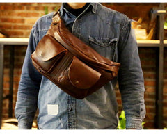 Black LEATHER MENS 10 inches FANNY PACK FOR MEN BUMBAG Sling Bag WAIST BAGS FOR MEN