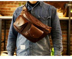 Brown Leather crossbody fanny pack Men
