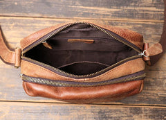 Black Leather Small Zipper Messenger Bag Courier Bag Brown Postman Bag For Men