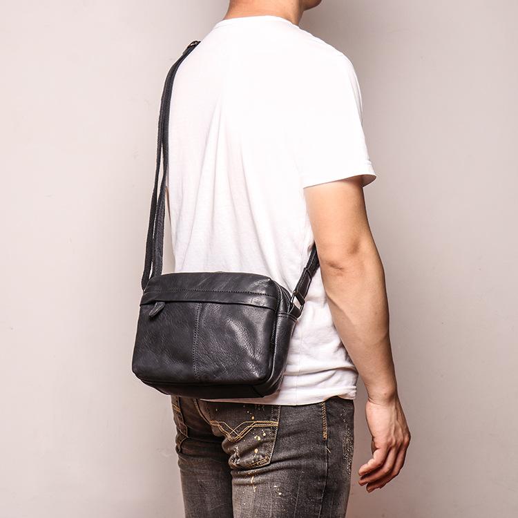 Mens Mini Messenger Bag. Black Leather Shoulder Bag 