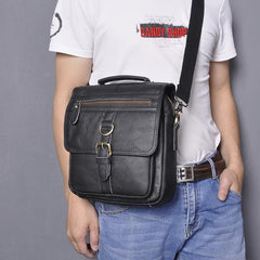 Black Leather Mens Small Vertical Messenger Bag Vertical Black Side Bags Small Handbag For Men