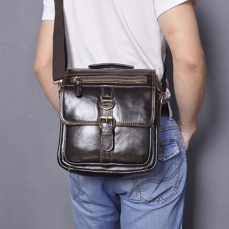 Black Leather Mens Small Vertical Messenger Bag Vertical Black