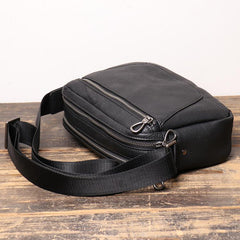 Black Cool Leather Small Zipper Messenger Bag Black Courier Bag Side Bag Black Shoulder Bag For Men