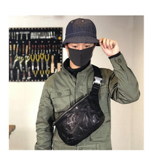 Black Cool Leather Men Fanny Pack Coffee Waist Bag Hip Pack Chest Bag Belt Bag Bumbag for Men