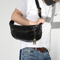 Black Cool Leather Men Fanny Pack Waist Bag Hip Pack Chest Bag Belt Bag Bumbag for Men