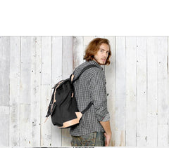 Black Fashion Canvas Leather Mens Laptop Backpack Navy Blue College Backpack Travel Backpack for Men - imessengerbags