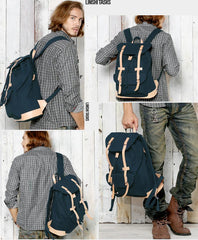 Black Fashion Canvas Leather Mens Laptop Backpack Navy Blue College Backpack Travel Backpack for Men - imessengerbags