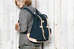 Black Fashion Canvas Leather Mens Laptop Backpack Navy Blue College Backpack Travel Backpack for Men - imessengerbags