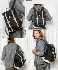Black Fashion Canvas Leather Mens Laptop Backpack Navy Blue College Backpack Travel Backpack for Men - imessengerbags
