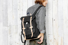 Black Fashion Canvas Leather Mens Laptop Backpack Navy Blue College Backpack Travel Backpack for Men - imessengerbags
