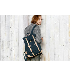 Black Fashion Canvas Leather Mens Laptop Backpack Navy Blue College Backpack Travel Backpack for Men - imessengerbags