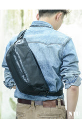 Cool Black Leather Men Chest Bag Large Sling Bag One Shoulder Backpack Sling Packs For Men - imessengerbags