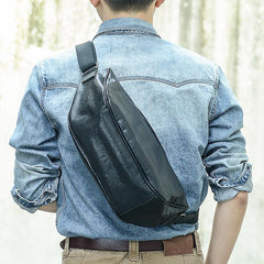 Cool Black Leather Men Chest Bag Large Sling Bag One Shoulder Backpack Sling Packs For Men - imessengerbags