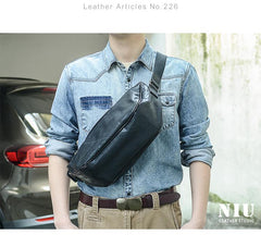 Cool Black Leather Men Chest Bag Large Sling Bag One Shoulder Backpack Sling Packs For Men - imessengerbags