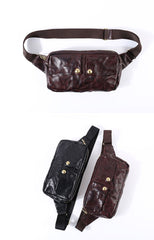 Black Cool Leather Men Fanny Pack Waist Bag Hip Pack Chest Bag Coffee Belt Bag Bumbag for Men