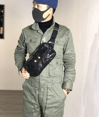 Black Cool Leather Men Fanny Pack Waist Bag Hip Pack Chest Bag Coffee Belt Bag Bumbag for Men