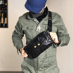 Black Cool Leather Men Fanny Pack Waist Bag Hip Pack Chest Bag Coffee Belt Bag Bumbag for Men