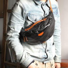 Black Handmade Leather Men Fanny Pack Waist Bag Coffee Hip Pack Belt Bag Bumbag for Men