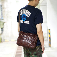 Handmade Black Wrinkled Leather Men Postman Bag Coffee Cool Courier Bag Messenger Bag One Shoulder Backpack For Men - imessengerbags
